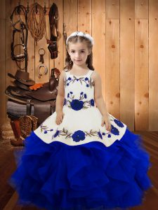 Beautiful Royal Blue Tulle Lace Up Straps Sleeveless Floor Length Kids Pageant Dress Embroidery and Ruffles
