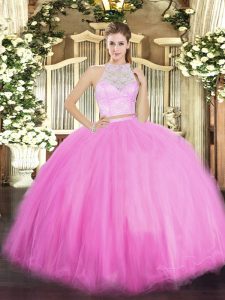 Delicate Rose Pink Sleeveless Floor Length Lace Zipper 15th Birthday Dress