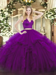 Edgy Halter Top Sleeveless Zipper Sweet 16 Dresses Purple Organza