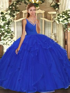 Wonderful Organza V-neck Sleeveless Backless Ruffles Quinceanera Dress in Blue