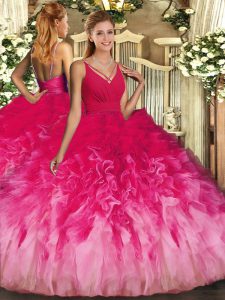 Multi-color Ball Gowns Tulle V-neck Sleeveless Beading and Ruffles Floor Length Backless Quince Ball Gowns
