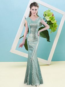 Discount Teal Sequined Zipper Prom Dress Cap Sleeves Floor Length Sequins