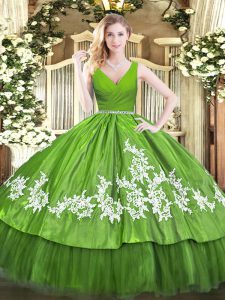 High Quality Olive Green 15th Birthday Dress Military Ball and Sweet 16 and Quinceanera with Beading and Appliques V-neck Sleeveless Zipper