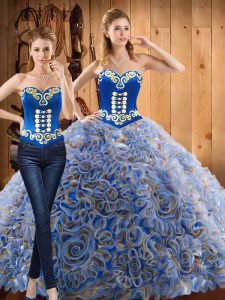 Dramatic Sweetheart Long Sleeves Sweep Train Lace Up Sweet 16 Dress Multi-color Fabric With Rolling Flowers