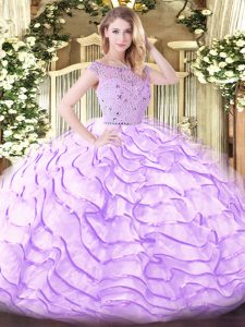 Exquisite Lavender Vestidos de Quinceanera Tulle Sweep Train Sleeveless Beading and Ruffled Layers