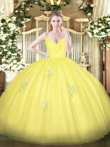 Custom Designed Yellow Tulle Zipper Quinceanera Dresses Sleeveless Floor Length Appliques