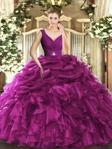 Floor Length Fuchsia Sweet 16 Dresses Organza Sleeveless Beading and Ruffles