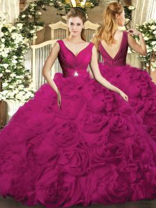 Discount Fuchsia Ball Gowns V-neck Sleeveless Fabric With Rolling Flowers Floor Length Backless Beading Quinceanera Dress