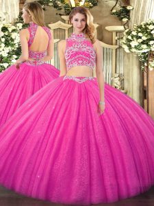 Tulle High-neck Sleeveless Backless Beading 15 Quinceanera Dress in Hot Pink