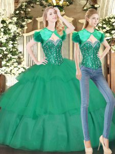 Sleeveless Tulle Floor Length Lace Up Sweet 16 Dresses in Turquoise with Beading and Ruffled Layers