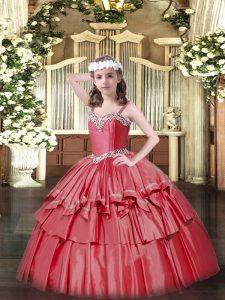 Cute Sleeveless Organza and Taffeta Floor Length Lace Up Pageant Dress for Girls in Coral Red with Beading and Ruffled Layers