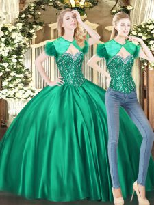 Sleeveless Floor Length Beading Lace Up 15 Quinceanera Dress with Green