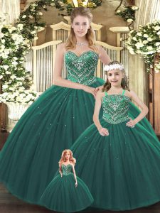 Pretty Dark Green Tulle Lace Up Sweetheart Sleeveless Floor Length Sweet 16 Quinceanera Dress Beading