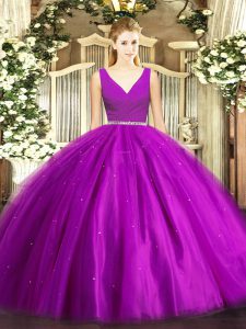 Dramatic Purple Zipper Sweet 16 Quinceanera Dress Beading Sleeveless Floor Length