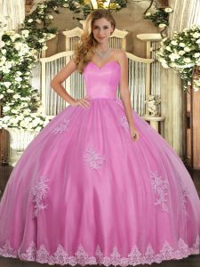Clearance Rose Pink Lace Up Sweetheart Beading and Appliques Ball Gown Prom Dress Tulle Sleeveless