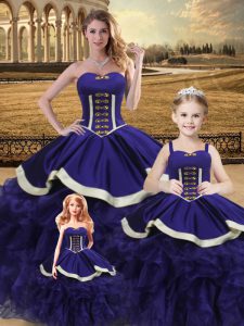 Customized Sweetheart Sleeveless Quince Ball Gowns Floor Length Beading and Ruffles Purple Satin and Organza