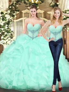 Beautiful Sleeveless Organza Floor Length Lace Up 15th Birthday Dress in Apple Green with Beading and Ruffles