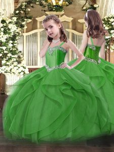 Floor Length Lace Up Little Girls Pageant Dress Green for Military Ball and Sweet 16 and Quinceanera with Beading and Ruffles