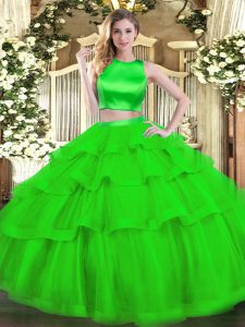 High-neck Sleeveless Tulle Quince Ball Gowns Ruffled Layers Criss Cross