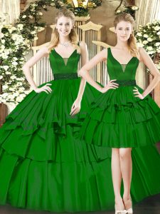 Dark Green Lace Up Quinceanera Dress Beading and Ruching Sleeveless Floor Length