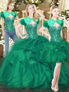 Latest Dark Green Ball Gowns Sweetheart Sleeveless Tulle Floor Length Lace Up Beading and Ruffles Quinceanera Dress