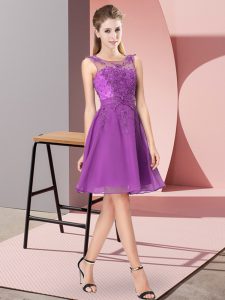 Most Popular Eggplant Purple Empire Scoop Sleeveless Chiffon Knee Length Zipper Appliques Bridesmaids Dress