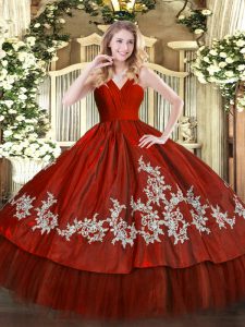 Most Popular Wine Red Zipper V-neck Embroidery 15th Birthday Dress Satin and Tulle Sleeveless