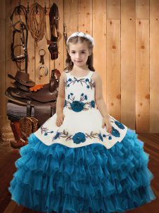 Perfect Teal Lace Up Straps Embroidery and Ruffled Layers Winning Pageant Gowns Organza Sleeveless
