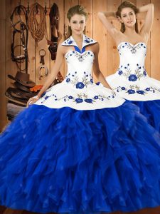 Blue And White Ball Gowns Embroidery and Ruffles Quinceanera Gown Lace Up Satin and Organza Sleeveless Floor Length