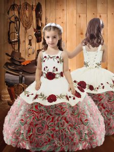 Stylish Multi-color Lace Up Straps Embroidery and Ruffles Custom Made Pageant Dress Fabric With Rolling Flowers Sleeveless
