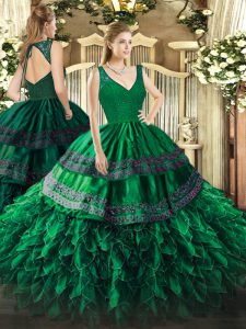 Dark Green Organza Backless Sweet 16 Dresses Sleeveless Floor Length Beading and Lace and Ruffles