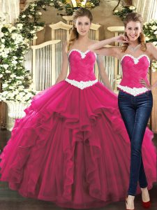 Custom Design Fuchsia Ball Gowns Tulle Sweetheart Sleeveless Ruffles Floor Length Lace Up Quinceanera Dress