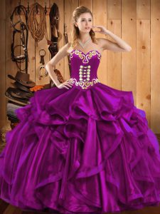 Top Selling Fuchsia Lace Up Sweetheart Embroidery and Ruffles Quinceanera Gowns Organza Sleeveless