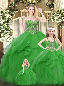 Exceptional Organza Sweetheart Sleeveless Lace Up Beading and Ruffles Sweet 16 Dress in Green