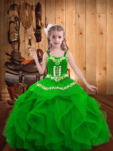 Custom Fit Straps Sleeveless Organza Pageant Dresses Embroidery and Ruffles Lace Up