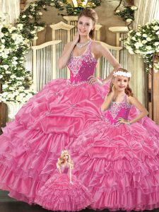 Romantic Rose Pink Lace Up Quinceanera Gown Ruffles and Pick Ups Sleeveless Floor Length