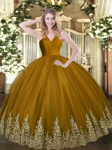 High Quality Brown Quinceanera Dress Military Ball and Sweet 16 and Quinceanera with Appliques V-neck Sleeveless Zipper