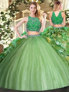 Suitable Olive Green Two Pieces Beading and Ruffles Quince Ball Gowns Zipper Tulle Sleeveless Floor Length