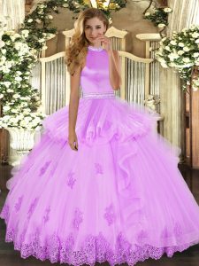 Affordable Beading and Ruffles Ball Gown Prom Dress Lilac Backless Sleeveless Floor Length