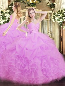 Lilac Ball Gowns Sweetheart Sleeveless Organza Floor Length Lace Up Beading and Ruffles 15th Birthday Dress