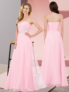 Superior Baby Pink Empire Appliques Homecoming Dress Lace Up Chiffon Sleeveless Floor Length