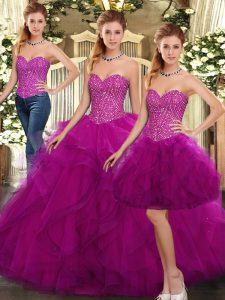 Fuchsia Quinceanera Dresses Military Ball and Sweet 16 and Quinceanera with Beading and Ruffles Sweetheart Sleeveless Lace Up