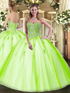 Shining Yellow Green Ball Gowns Beading Quinceanera Dress Lace Up Tulle Sleeveless Floor Length