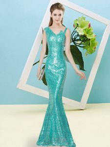 Dynamic Teal Sleeveless Floor Length Sequins Zipper Prom Party Dress