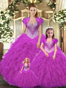 Fantastic Fuchsia Lace Up Quince Ball Gowns Beading and Ruffles Sleeveless Floor Length