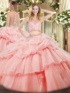 Great Pink Ball Gowns Beading and Ruffles Vestidos de Quinceanera Zipper Tulle Sleeveless Floor Length