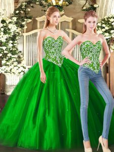 Sweetheart Sleeveless Lace Up 15th Birthday Dress Green Tulle