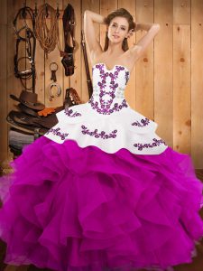 New Style Fuchsia Strapless Lace Up Embroidery and Ruffles Quince Ball Gowns Sleeveless