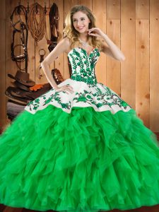 Sweetheart Sleeveless Quinceanera Gown Floor Length Embroidery and Ruffles Green Satin and Organza