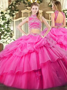 Beading and Ruffles and Pick Ups Quinceanera Dress Hot Pink Backless Sleeveless Floor Length